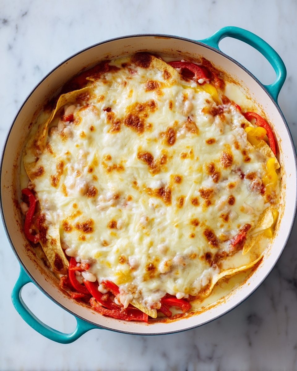 A white round pan with teal handles holds a layered dish. The bottom layer is red and yellow bell pepper strips mixed with white beans and light golden tortilla strips. On top of this is a thick layer of melted, creamy yellow and white cheese that covers the dish unevenly, with some parts showing the filling underneath. The edges of the tortilla strips are visible through the cheese, which looks slightly browned and bubbly in places. The dish sits on a white marbled surface. Photo taken with an iphone --ar 4:5 --v 7