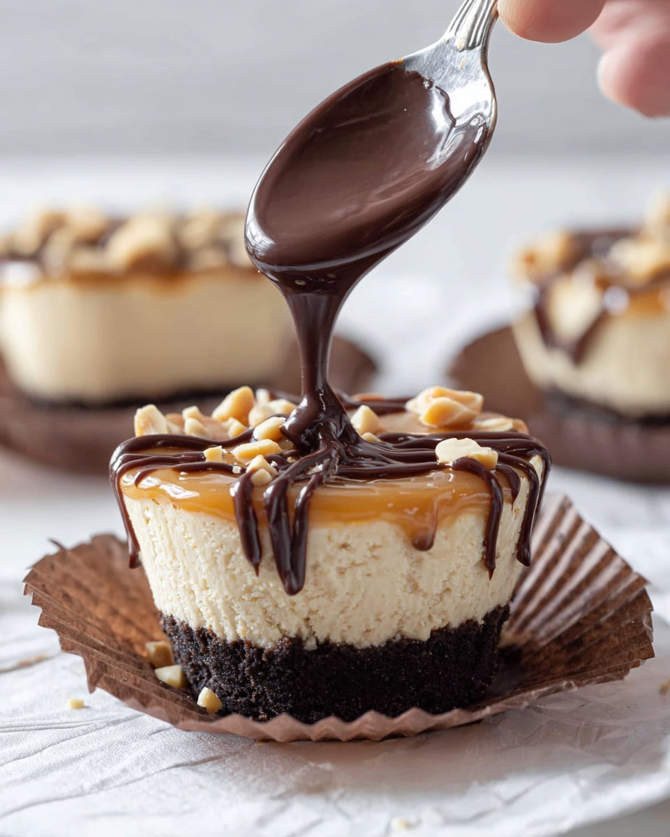 A close-up of a small round dessert with three visible layers: the bottom layer is dark brown and crumbly like chocolate crust, the middle layer is thick and creamy beige, and the top layer is a thin caramel sauce with small peanut pieces around the edges. A woman's hand holds a spoon above the dessert, pouring smooth, dark chocolate sauce in thin lines over the top, some chocolate dripping down the side. The dessert sits in a brown paper cup wrapper that is spread open, placed on a white marbled surface. In the blurry background, there are two more desserts with the same layers. Photo taken with an iphone --ar 4:5 --v 7