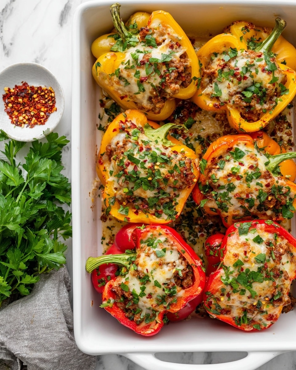 In a white baking dish on a white marbled surface, there are eight stuffed bell pepper halves arranged closely together. Each pepper half is either yellow, orange, or red with a smooth, shiny outer skin. They are filled with a mixture of cooked ground meat and rice that looks moist and slightly crumbly, topped with melted cheese that is light golden brown in color. Fresh chopped green herbs are sprinkled generously over the stuffed peppers and the surface inside the baking dish. A small bunch of fresh parsley leaves is placed at the top edge of the dish. A white bowl containing red chili flakes and some green parsley sprigs are partly visible on the marbled surface next to the dish. Photo taken with an iphone --ar 4:5 --v 7