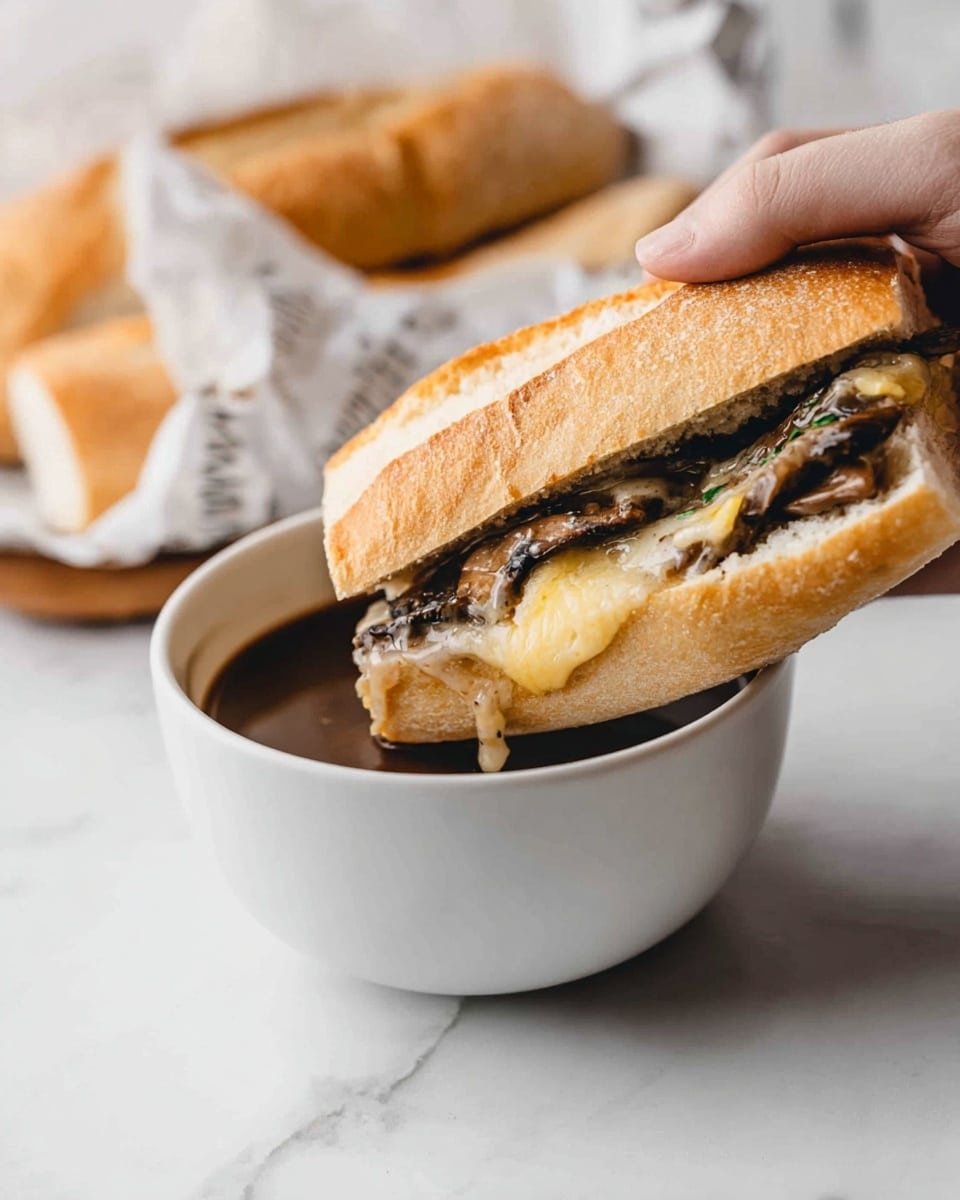 A woman's hand is holding a sandwich with a light beige bread roll that looks soft and slightly toasted. Inside the sandwich, there are visible layers of melted light yellow cheese and brown mushrooms with a slightly shiny texture. The sandwich is being dipped into a white bowl filled with dark brown, smooth liquid. The background has a white marbled texture with another sandwich wrapped in paper blurred in the distance. Photo taken with an iphone --ar 4:5 --v 7