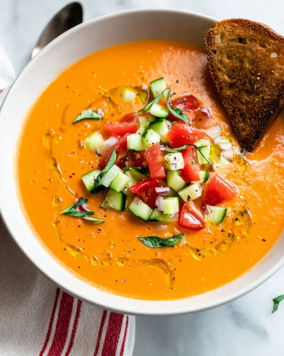 A white bowl sitting on a white marbled surface holds bright orange creamy soup, topped with a small pile of diced green cucumbers, red tomatoes, and some fresh green herbs in the center. A golden spoon rests in the soup at the right side, and a single lightly toasted triangular piece of bread is dipped into the soup at the top left edge of the bowl. Nearby, fresh green herb sprigs and half a greenish-brown tomato are placed on the marble, with a white cloth with red stripes beside the bowl. To the right on a wooden board, some small toasted white bread slices with red tomato topping are visible. Photo taken with an iphone --ar 4:5 --v 7
