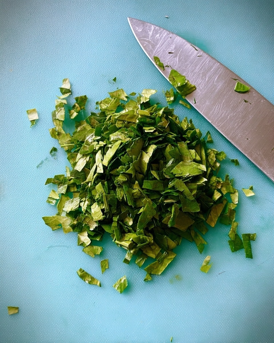 A pile of small, chopped green leaves sits on a light blue cutting board with a large, silver knife placed to the right side. The leaves look fresh with various shades of green, and small bits are scattered around the main pile. The surface texture of the cutting board is smooth with some light scratches and water drops visible nearby. Photo taken with an iphone --ar 4:5 --v 7