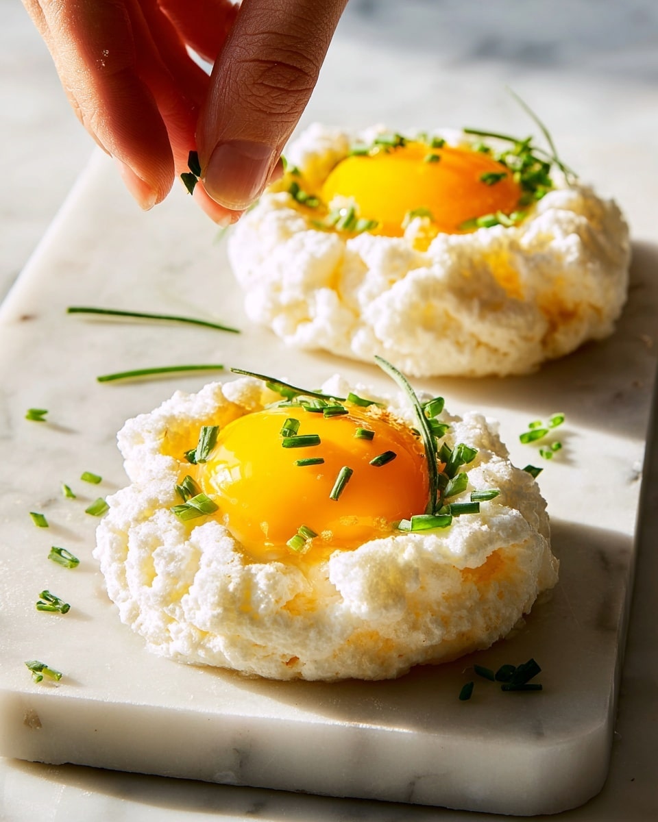 Two cloud eggs are placed on a white marble surface, each with a puffy, golden-brown egg white base that looks fluffy and light. In the center of each egg white is a bright yellow egg yolk, slightly raised, smooth, and shiny. Small pieces of chopped green chives are sprinkled over the yolks, egg whites, and the marble surface around them, adding a fresh color contrast. A woman's hand is gently placing some chives on the yolk of the egg in the background. The lighting is bright and natural, highlighting the texture and colors clearly. photo taken with an iphone --ar 4:5 --v 7
