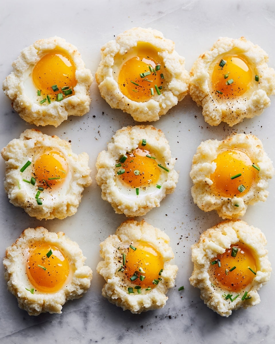 The image shows eight cloud eggs arranged in two rows on a white marbled surface. Each egg has a fluffy, light beige whipped egg white base with a soft texture, topped with a bright yellow yolk in the center. The yolks appear slightly cooked but still shiny and runny, surrounded by the browned edges of the whites. Small green chive pieces are sprinkled over each egg, adding a fresh touch, along with a light sprinkle of black pepper. The eggs are evenly spaced, showing their puffed, airy structure. photo taken with an iphone --ar 4:5 --v 7