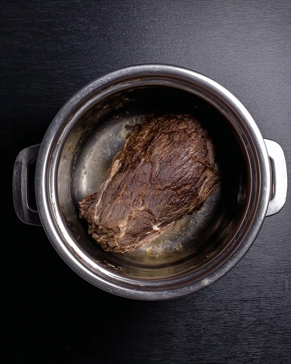 A single piece of browned cooked meat is placed inside a shiny stainless steel pot with two small handles visible on the sides. The meat has a dark brown, slightly textured surface with some lighter brown areas and appears juicy. The pot is set on a flat black surface that is simple and smooth, with no other items around it. The photo is taken from directly above, showing the entire pot and meat clearly. photo taken with an iphone --ar 4:5 --v 7