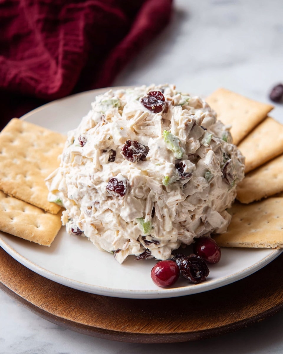 A white round plate sits on a wooden board over a white marbled surface, holding a mound of creamy chicken salad mixed with visible small chunks of white chicken, green celery pieces, and dark red dried cranberries, showing a thick and textured appearance. Three rectangular pale beige crackers are placed around and slightly tucked under the chicken salad, adding a crisp texture contrast. In the background, a folded deep red cloth is softly blurred, giving a warm touch to the scene. The overall setting is bright and clean. photo taken with an iphone --ar 4:5 --v 7