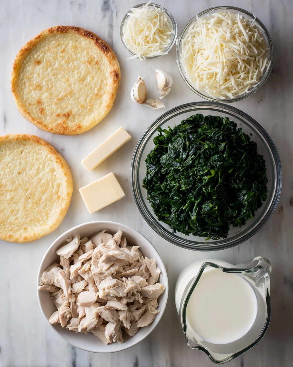 The image shows ingredients arranged on a white marbled surface for a creamy chicken and spinach pizza with two round cauliflower crusts at the bottom left, light golden and textured. Above them, there is a clear glass bowl filled with shredded white mozzarella cheese and another glass bowl to the right containing dark green chopped spinach. Below the spinach is a white bowl holding chopped cooked chicken pieces with a light brown and white color. Near the center, a small glass bowl with a pale yellow square of butter is next to a few unpeeled garlic cloves. A small piece of light beige Parmesan cheese is placed near the chicken bowl. At the bottom right, there is a clear glass measuring cup filled with white heavy cream. All ingredients are spaced out neatly across the surface. Photo taken with an iphone --ar 4:5 --v 7