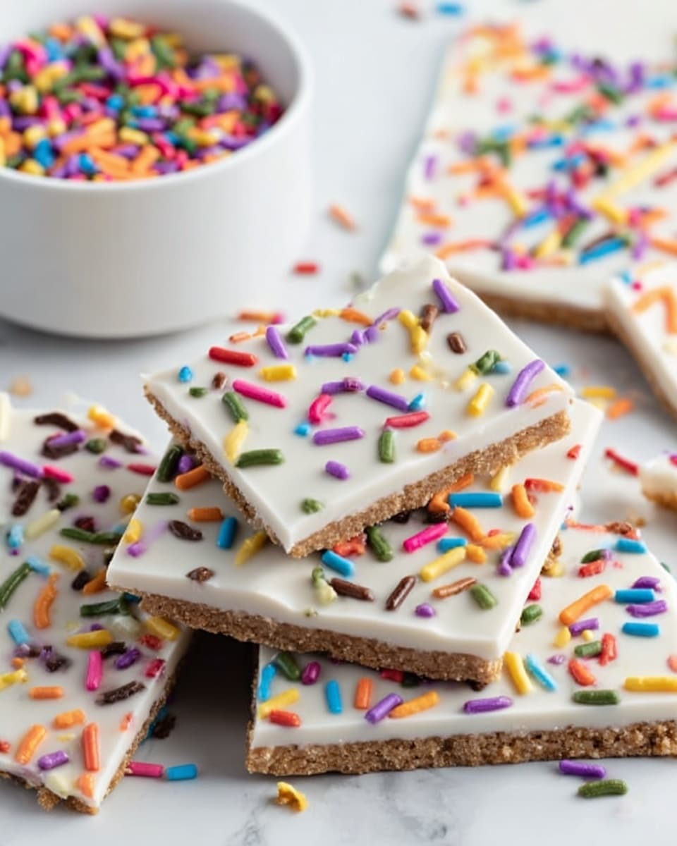 The image shows several pieces of white chocolate bark stacked loosely on a white marbled surface. Each piece has a smooth, glossy white top layer covered with colorful, small cylindrical sprinkles scattered evenly. The bark pieces reveal a light brown, crumbly layer underneath the white chocolate. In the background, there is a white bowl filled with matching colorful sprinkles, slightly out of focus. One piece of bark is angled up slightly, showing the thickness and texture of the layers. photo taken with an iphone --ar 4:5 --v 7