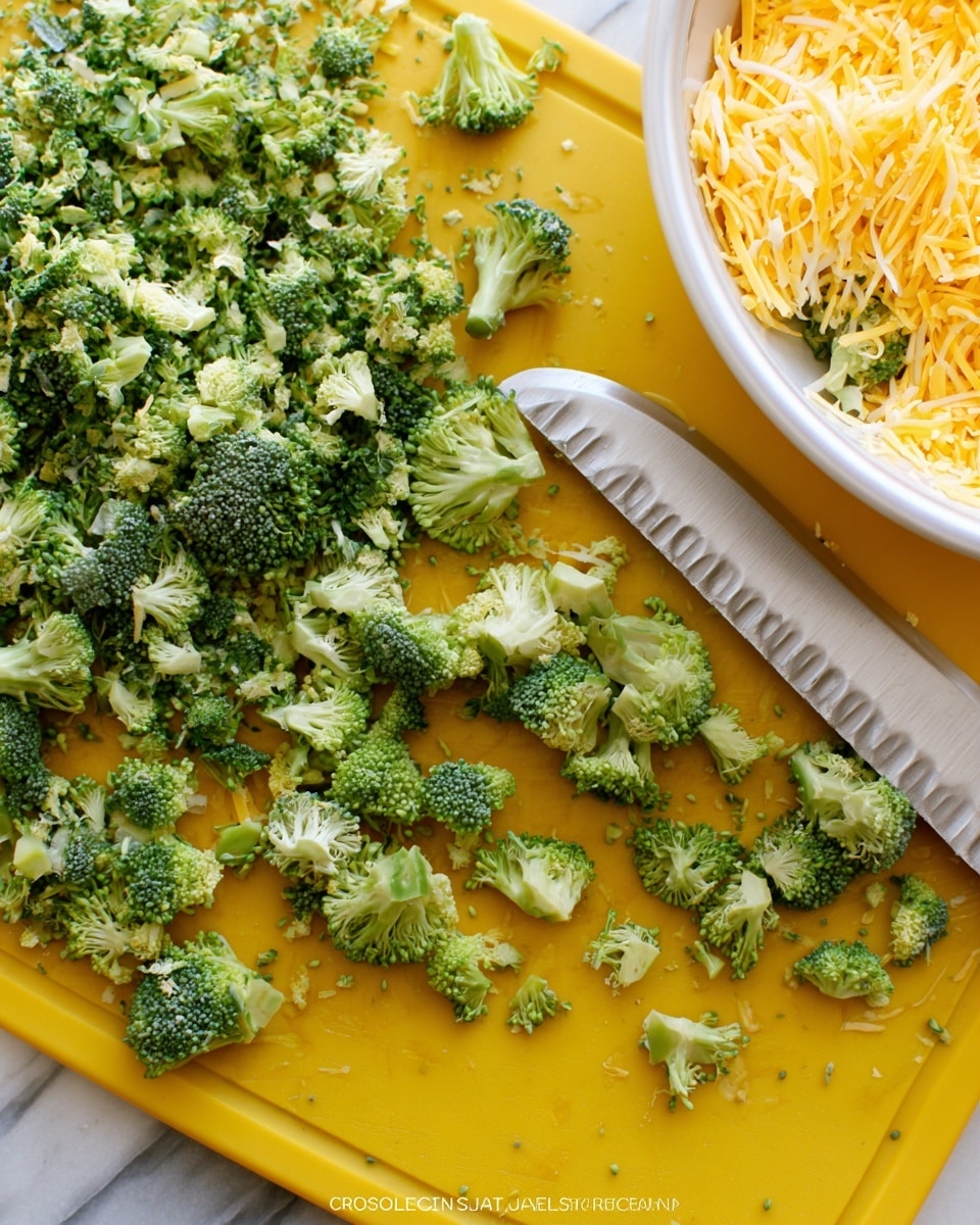 The image shows small pieces of chopped broccoli scattered on a bright yellow cutting board, with a serrated knife lying on top of some broccoli pieces. To the right, a white bowl is partially visible, filled with shredded yellow and white cheese. The scene has a close-up view, with the broccoli pieces varying in shades of green and showing rough textures from the chopping. The background is a white marbled surface. photo taken with an iphone --ar 4:5 --v 7