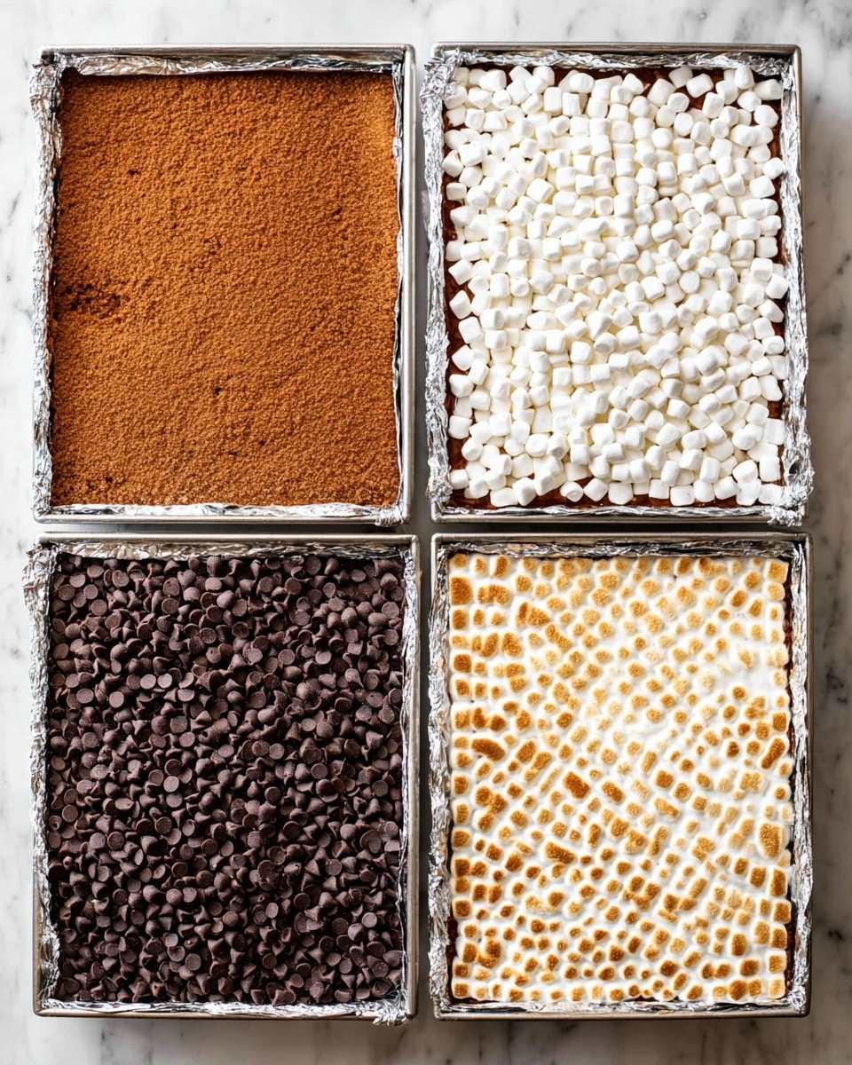 The image shows four stages of a layered sweet dish inside a rectangular pan lined with aluminum foil, placed on a white marbled surface. The first layer is a smooth, even brown crumbly base filling the pan completely. The second layer is a thick, dense cover of small, round, dark brown chocolate chips spread evenly all over the base. The third layer consists of many small, white marshmallows tightly packed over the chocolate chips, covering the whole surface. The last layer shows the marshmallows toasted to a light golden brown on top, creating a slightly uneven but fully covered top surface. photo taken with an iphone --ar 4:5 --v 7