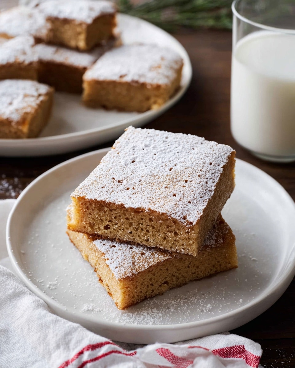Two square pieces of light brown cake dusted with white powdered sugar are stacked on a white plate. The cake has a soft texture and a slightly uneven surface with tiny air holes. In the background, there is another white plate holding more pieces of the same cake, also sprinkled with powdered sugar, and a glass of milk. A folded white cloth with a red stripe lies on a dark brown wooden table beneath the plate. The scene rests on a white marbled texture surface. Photo taken with an iphone --ar 4:5 --v 7