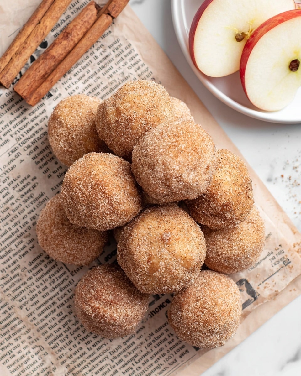 A pile of about ten small round doughnut balls covered in a light brown sugar and cinnamon coating, showing a rough sugar texture on the surface, sits on a sheet that looks like newspaper with black and white text. To the upper left, three cinnamon sticks lay side by side, and to the upper right, a white plate holds several thin slices of red apple with visible seeds in the middle. The whole scene is on a white marbled surface. photo taken with an iphone --ar 4:5 --v 7