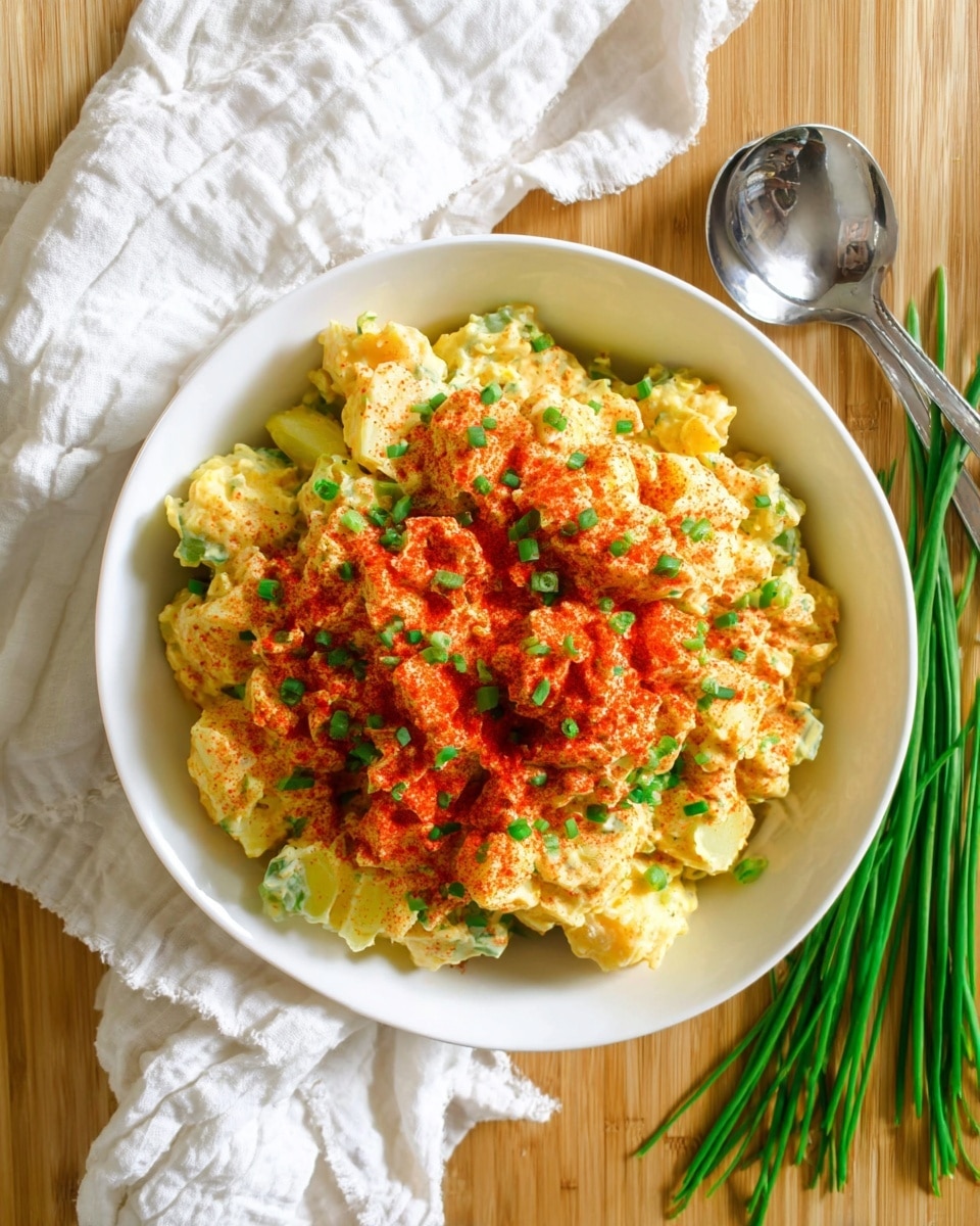 A white bowl filled with creamy yellow potato salad mixed with small chunks of potatoes and vegetables. The potato salad is topped with a generous layer of bright red paprika powder and sprinkled with finely chopped green chives. The bowl sits on a wooden surface next to a bunch of fresh green chives on the right side and a shiny silver spoon above it. There is a white cloth casually draped on the left side of the bowl. The overall setting is bright and clean. photo taken with an iphone --ar 4:5 --v 7