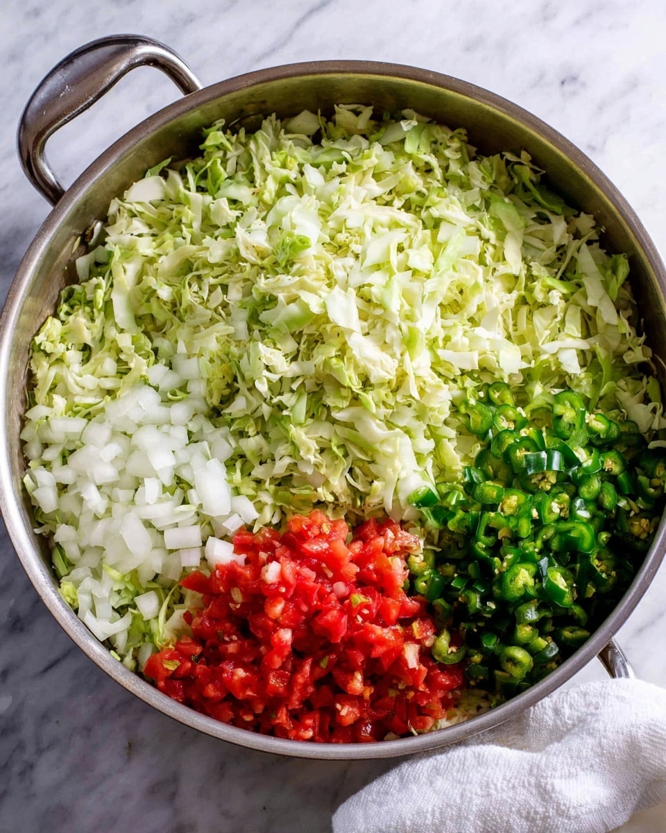 A large pan filled with finely chopped light green cabbage covering most of the pan surface, with small sections of finely diced white onion on the left edge, bright red chopped tomatoes on the top right, and dark green diced jalapenos near the bottom center. The pan is metal with two handles, placed on a white marbled surface with a white cloth partially under the right handle. Photo taken with an iphone --ar 4:5 --v 7