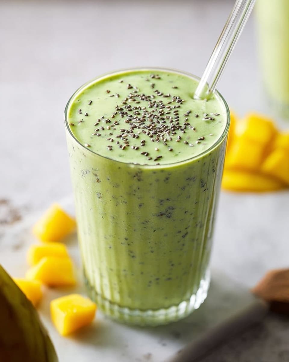 A clear glass cup filled with a thick light green smoothie that is smooth and creamy in texture; on top, small black chia seeds are scattered evenly, adding tiny dark specks. The cup has a glass straw inserted into the smoothie along the left side. Around the base of the cup, pieces of yellow fruit are placed on a white marbled surface, slightly out of focus. The background is soft and blurred with gentle light creating a fresh and clean look. photo taken with an iphone --ar 4:5 --v 7