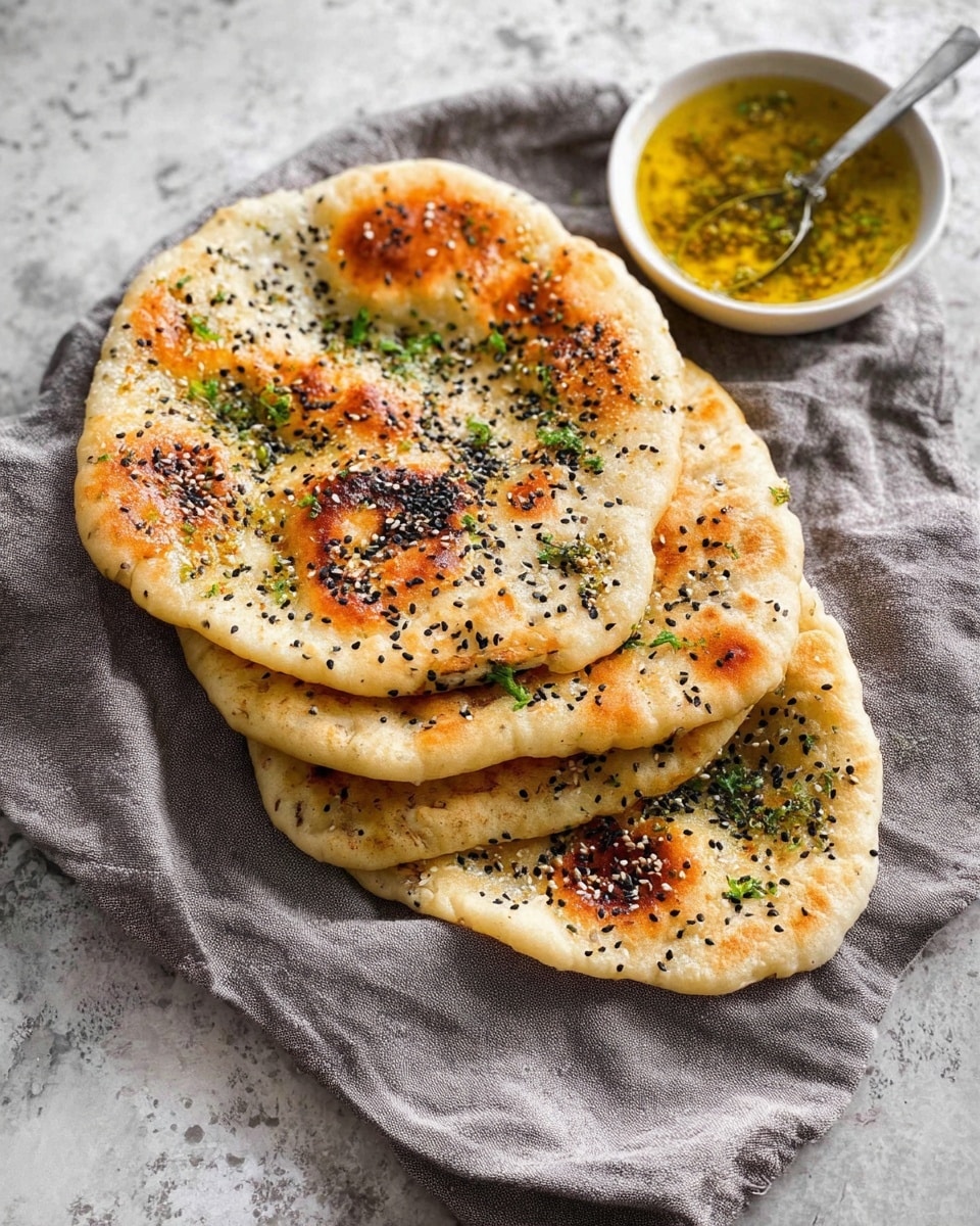 Four pieces of flatbread are stacked on a soft gray cloth on a white marbled surface. The flatbread is light golden with darker brown spots and sprinkled with black seeds, and there are small green herb specks on top. A woman's hand is holding a spoon spreading a glossy yellow-green sauce over the top flatbread. To the right, there is a small white bowl filled with the same sauce. The scene is bright and clear, showing texture and color contrast well. photo taken with an iphone --ar 4:5 --v 7