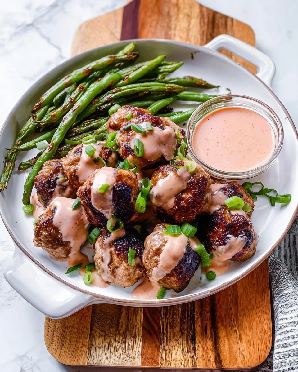 On a white round plate with side handles, there is a pile of brown grilled meatballs with some charred spots, drizzled with a thick, light pink sauce. Green sliced scallions are scattered on top of the meatballs and sauce. Around the meatballs, on one side of the plate, there are cooked green beans with a slightly wrinkled texture and some seasoning visible. Next to the plate is a small, clear bowl with more of the same pink sauce inside. The plate is placed on a wooden board, which rests on a white marbled surface. photo taken with an iphone --ar 4:5 --v 7
