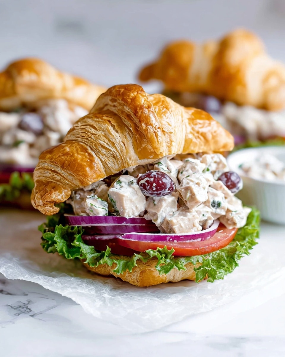 A layered croissant sandwich on a white marbled surface, with a golden, flaky croissant on top, filled with a creamy chicken salad made of diced chicken, halved red grapes, and herbs mixed in a white dressing. Under the salad is a slice of red tomato, crisp green lettuce, and thin rings of purple onion, all stacked neatly inside the croissant. The background shows three more croissants slightly out of focus, and a white bowl on the side partly visible. Photo taken with an iphone --ar 4:5 --v 7