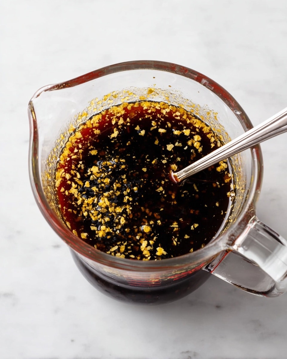 A clear glass measuring cup filled with a dark brown liquid sauce that has small thick yellow and black flakes floating on the surface. A silver spoon rests inside the cup, partially submerged in the sauce. The measuring cup is placed on a white marbled textured surface. The sauce has a shiny, wet texture with visible small bits of seasoning spread evenly throughout the top layer. Photo taken with an iphone --ar 4:5 --v 7