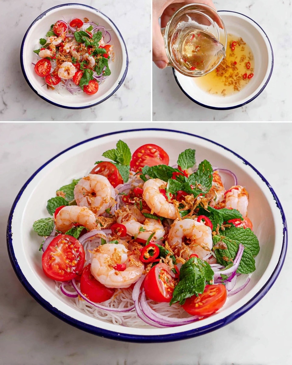 A white plate with a blue rim holds layers of food starting with a base of thin white noodles topped with scattered slices of bright red cherry tomatoes and thin curved strips of purple-red onion. On top of this lie many light pink cooked shrimp spread evenly over the plate. Fresh green cilantro leaves and mint sprigs are scattered around, with slices of red chili placed among the shrimp. A woman's hand is shown pouring a clear sauce with small red chili pieces over the ingredients. The final presentation on a plain white plate features all layers mixed, with a sprinkle of light brown fried shallots adding texture and a few more herbs brightening the dish. The dish sits on a white marbled surface. photo taken with an iphone --ar 4:5 --v 7