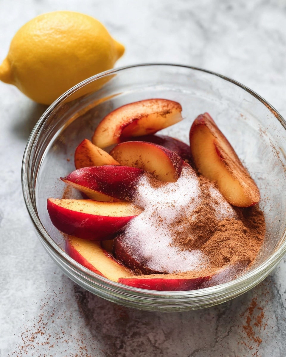 A clear glass bowl holds several slices of red and orange plum pieces arranged loosely inside. On top of the fruit, white powder and light brown cinnamon powder are sprinkled unevenly, creating two distinct powdery layers contrasting with the deep red fruit skin. Behind the bowl, there is a half lemon placed on a white marbled surface. Photo taken with an iphone --ar 4:5 --v 7