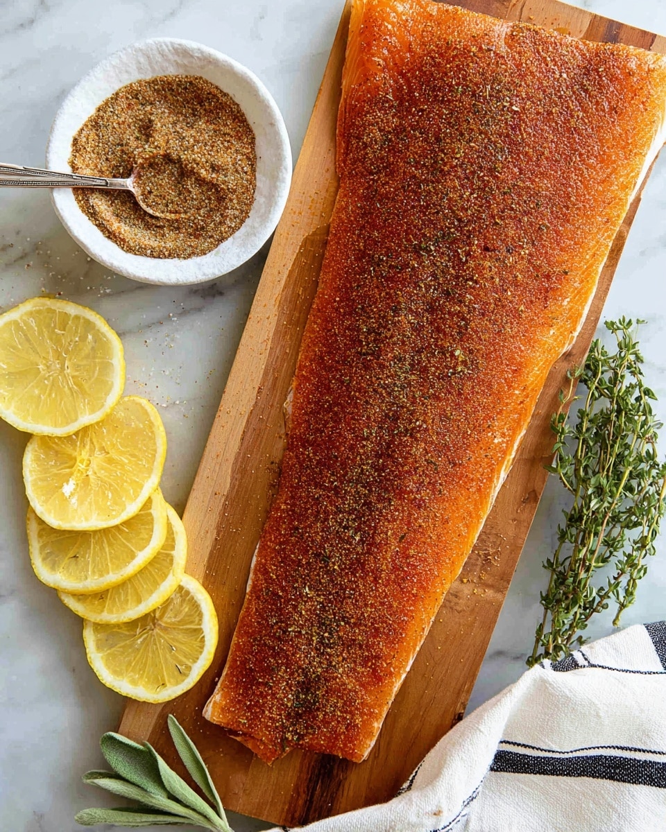 A large piece of orange fish fillet lies flat on a wooden board, covered evenly with a dry spice rub that shows shades of red, brown, and green herbs. To the left, there is a white bowl filled with the same spice rub and a silver spoon resting in it. Below the bowl, four thin, round, yellow lemon slices are arranged in a slight overlap. Fresh green herb sprigs are placed near the lemon slices, and on the right side, a white cloth with dark thin stripes is partially visible. The whole scene is set on a white marbled surface. photo taken with an iphone --ar 4:5 --v 7