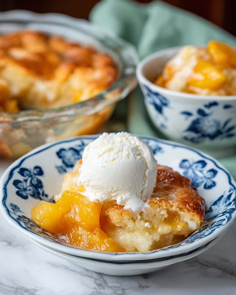A close-up view of a white bowl with blue floral designs holds a peach cobbler topped with a scoop of creamy white ice cream. The cobbler has a golden brown crust with soft, light beige cake layers underneath, and visible chunks of bright orange peach pieces mixed with pale yellow fruit. Behind it, a clear glass pie dish contains the rest of the cobbler, showing its shiny, golden crust and slightly bubbling edges. In the background, another white bowl with blue patterns holds another portion of the peach cobbler. All items are placed on a white marbled surface with a soft green cloth partly visible. Photo taken with an iphone --ar 4:5 --v 7