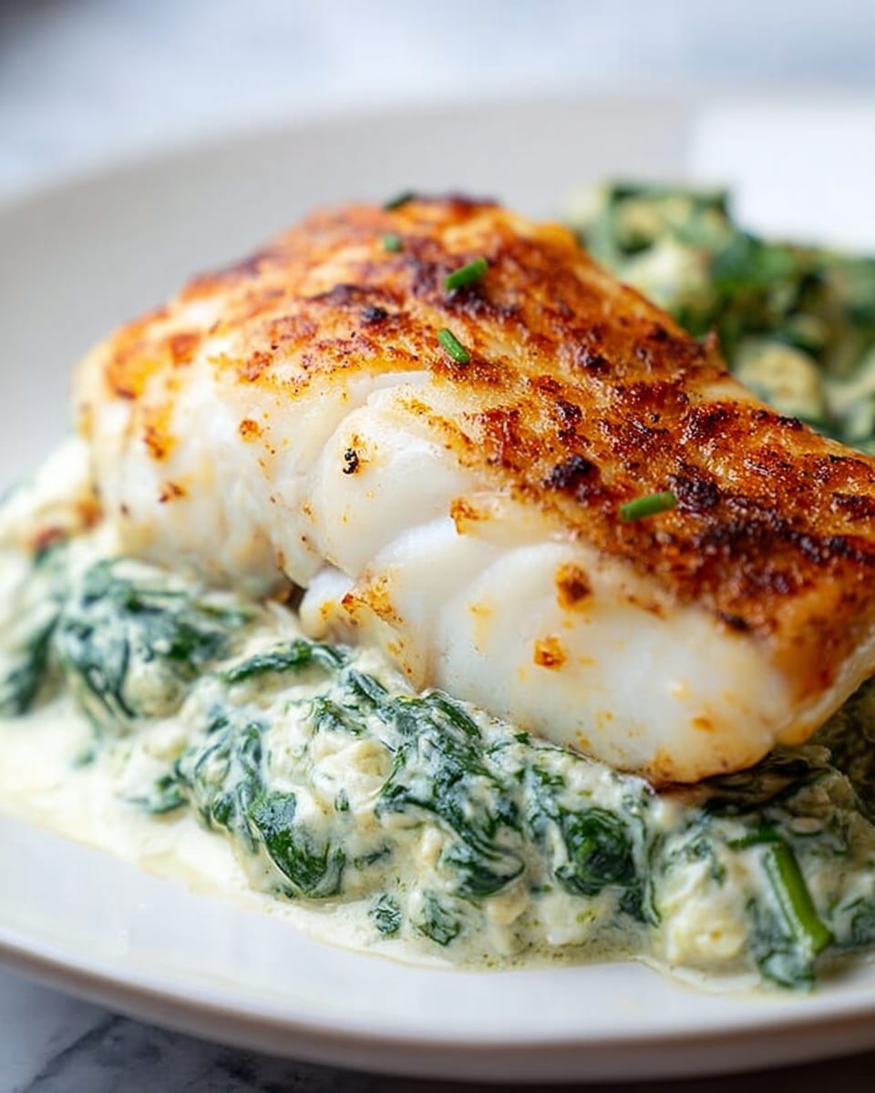 The image shows a piece of cooked fish fillet with a light brown and slightly crisp top layer, placed on top of a creamy white and green spinach mixture. The fish layer is smooth with some browned spots, covering about half of the visible creamy spinach base below. Both layers sit on a simple white plate, which rests on a white marbled surface that has subtle greyish veins. The photo focuses closely on the textures and colors of the fish and spinach mix, giving a fresh and appetizing look. Photo taken with an iphone --ar 4:5 --v 7
