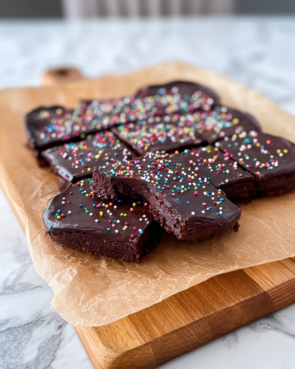 The image shows six pieces of dark chocolate fudge with a thick layer of smooth, shiny dark chocolate on top, sprinkled with small round colorful candy beads in red, yellow, white, green, blue, and orange. Each piece has a square or almost round shape with two pieces having a first bite taken out. The pieces are arranged loosely on a white plate with scalloped edges and silver trim, placed on a wooden board on a white marbled surface. The photo is bright and clear with soft shadows. photo taken with an iphone --ar 4:5 --v 7
