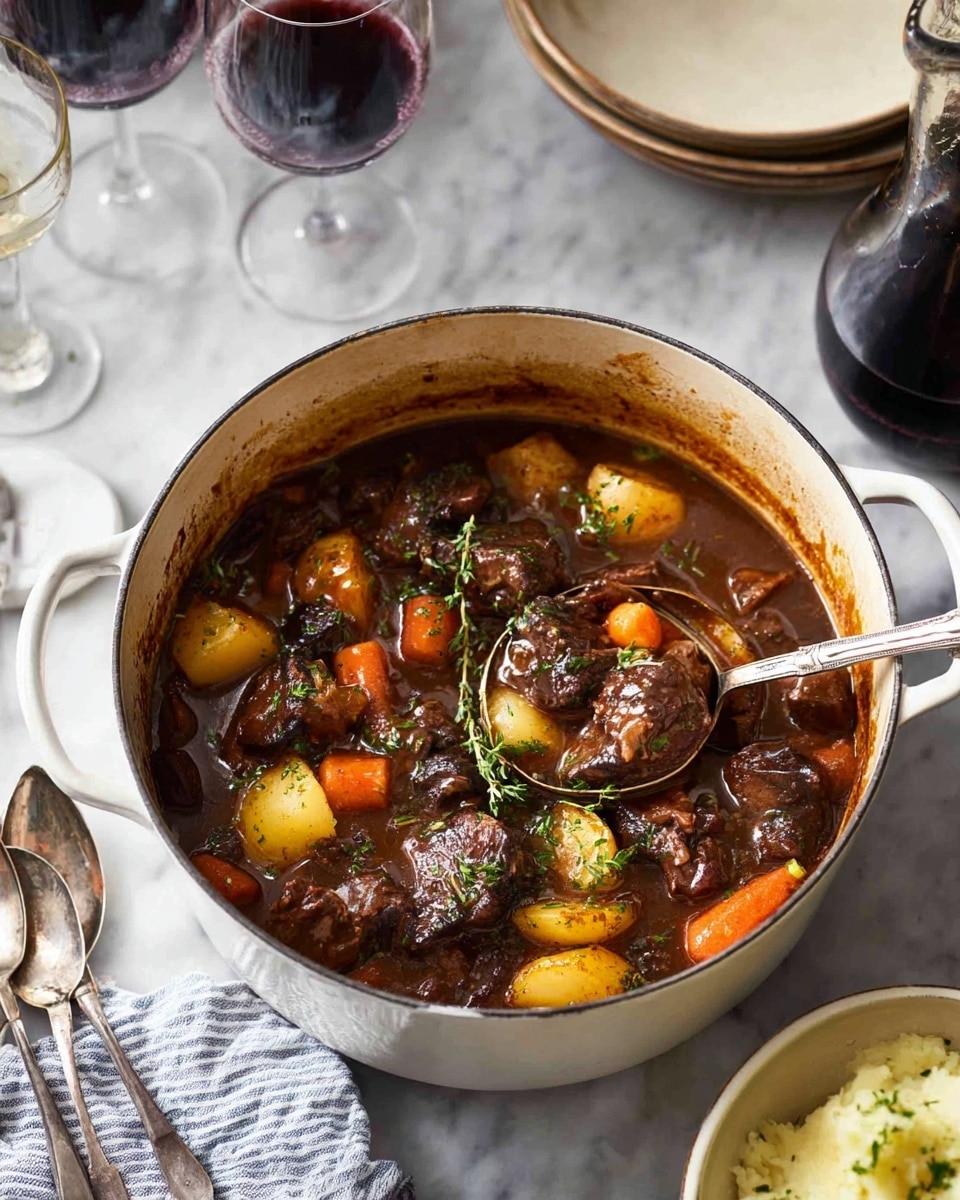 A white pot filled with dark brown stew is shown from above, with visible chunks of tender dark meat, light yellow potato pieces, and bright orange carrot slices mixed in a thick, rich sauce. A silver ladle sits inside the pot, slightly lifting some stew that contains herbs resting on top. The pot is placed on a white marbled surface, next to three silver spoons and a folded white and blue striped cloth. In the background, there is a glass of red wine, a carafe with red wine, and a stack of beige bowls. A small portion of mashed food with stew is seen in a white bowl at the lower right corner. Photo taken with an iphone --ar 4:5 --v 7
