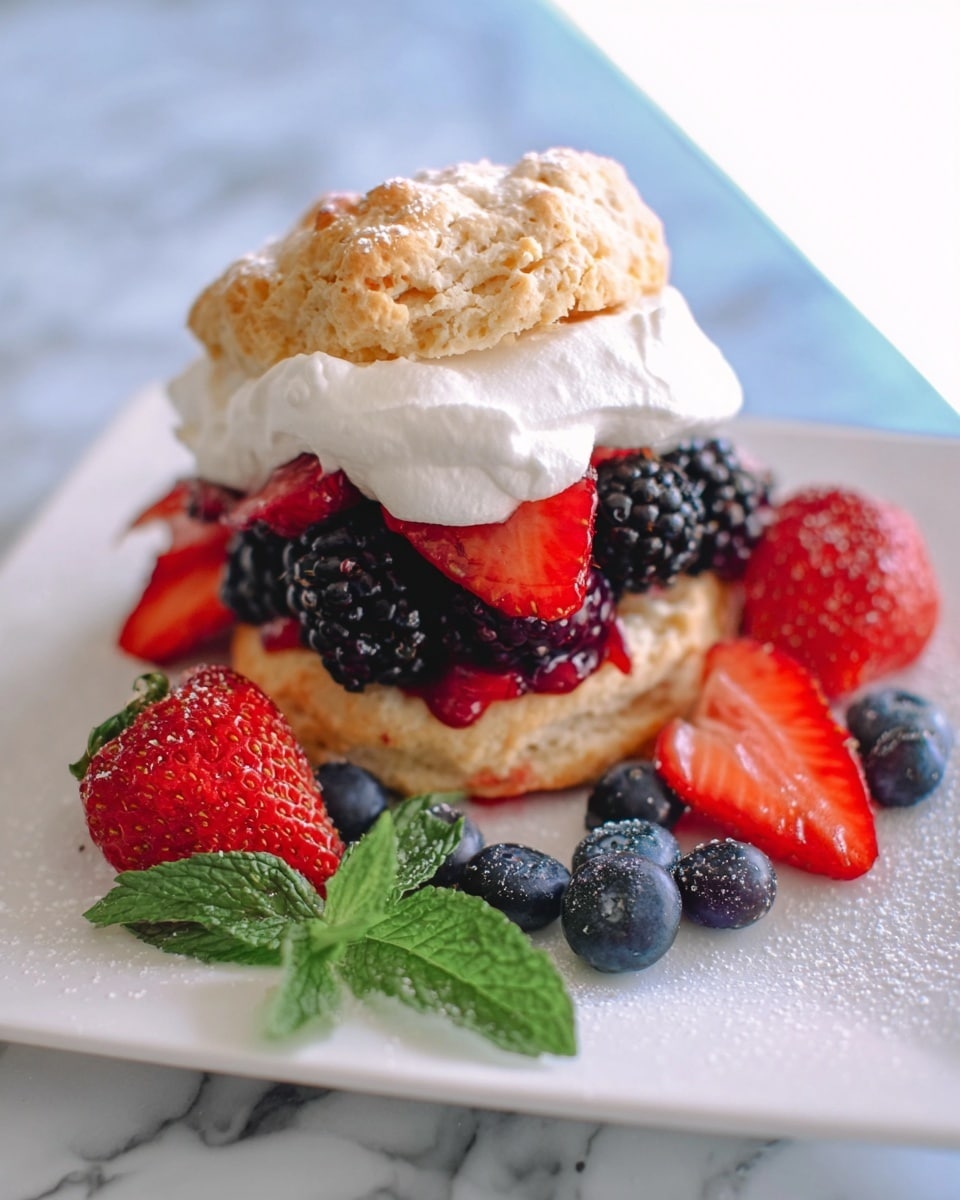A dessert with three visible layers sits on a white plate over a white marbled surface. The bottom layer is a light brown biscuit with a crumbly texture. On top of that, there is a bright red strawberry mix with chunks and juicy pieces. Next, a thick layer of white whipped cream covers the strawberries. The top layer is another light brown biscuit, smaller and placed slightly off-center, with a dollop of white cream on it. A whole red strawberry with tiny seeds sits on the cream. In the background, blurred white plates hold more biscuits and fresh strawberries. Photo taken with an iphone --ar 4:5 --v 7