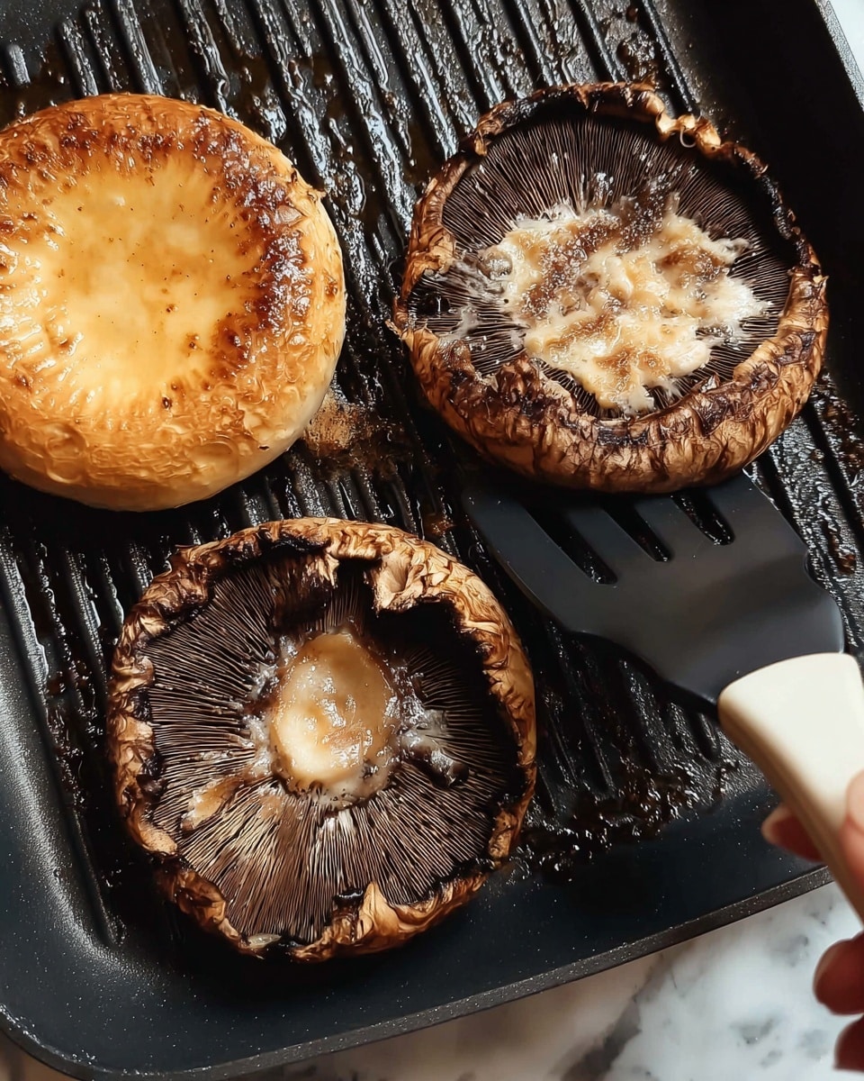 The image shows three large mushrooms cooking on a black grill pan. The mushroom on the left is golden brown on top with a smooth, slightly textured surface, and a shiny, oily look. The two mushrooms on the right show their inner side, which is a mix of dark brown and light beige with a shiny and somewhat wet surface, and the edges of their caps are slightly curled and browned. A black spatula with a white handle is lifting one of the mushrooms on the right, held by a woman's hand. The grill pan has visible ridges with some oil glistening around the mushrooms. The background is a white marbled surface. photo taken with an iphone --ar 4:5 --v 7