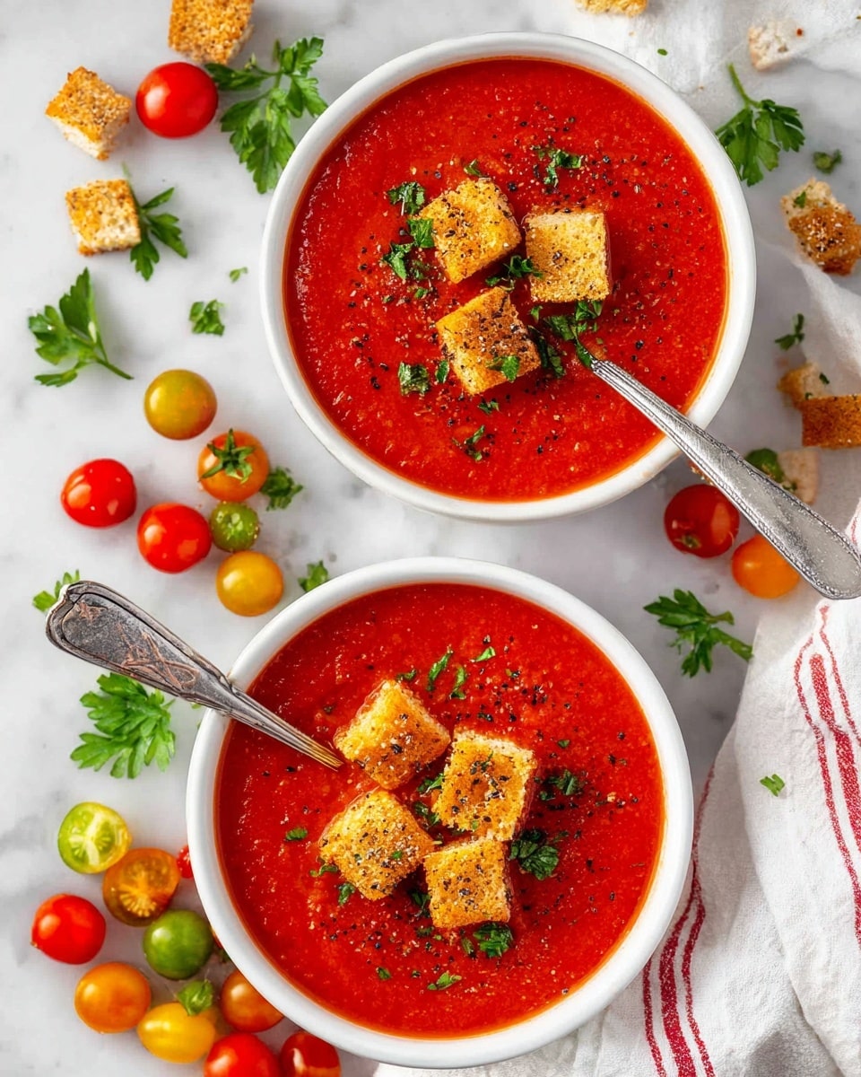 Two white bowls of bright red tomato soup sit on a white marbled surface. Each bowl holds a smooth, thick layer of vibrant tomato soup, topped with four golden brown croutons in the center. A small bunch of green parsley leaves adds a fresh pop of color next to the croutons in each bowl. Tiny pieces of chopped green herbs and black pepper flakes are scattered over the soup's surface. Silver spoons rest inside the bowls, and small cherry tomatoes and more croutons are placed around on the white marble. photo taken with an iphone --ar 4:5 --v 7