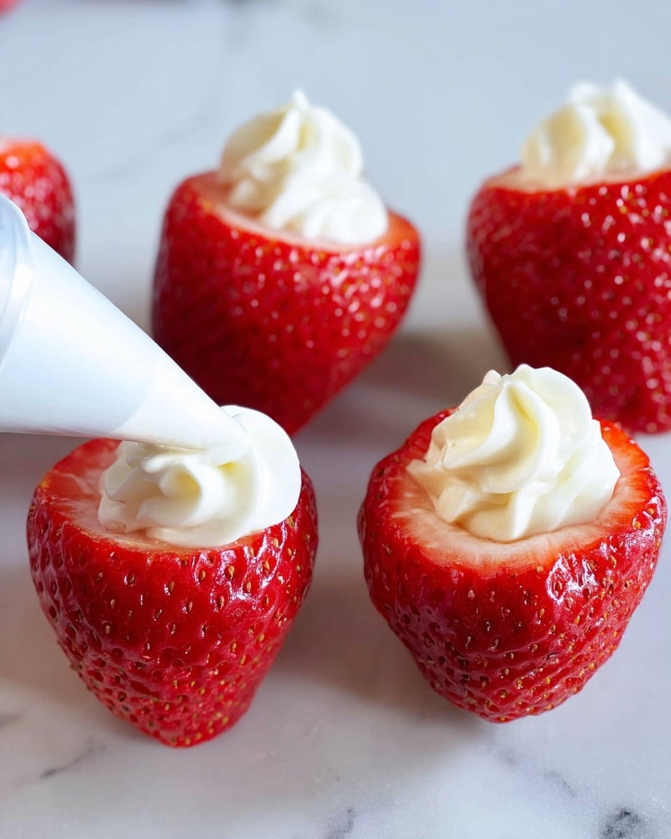 The image shows four bright red strawberries placed on a white marbled surface, hollowed out at the top. On two strawberries, white creamy filling is being added using a piping bag, and one strawberry is already topped with this creamy swirl, creating a smooth, soft texture over the red fruit base. The creamy layer sits nicely inside the hollowed tops of the strawberries, highlighting the contrast between the red and white colors. The scene is well-lit, capturing the shiny, fresh look of the strawberries and the smooth, thick texture of the cream. photo taken with an iphone --ar 4:5 --v 7
