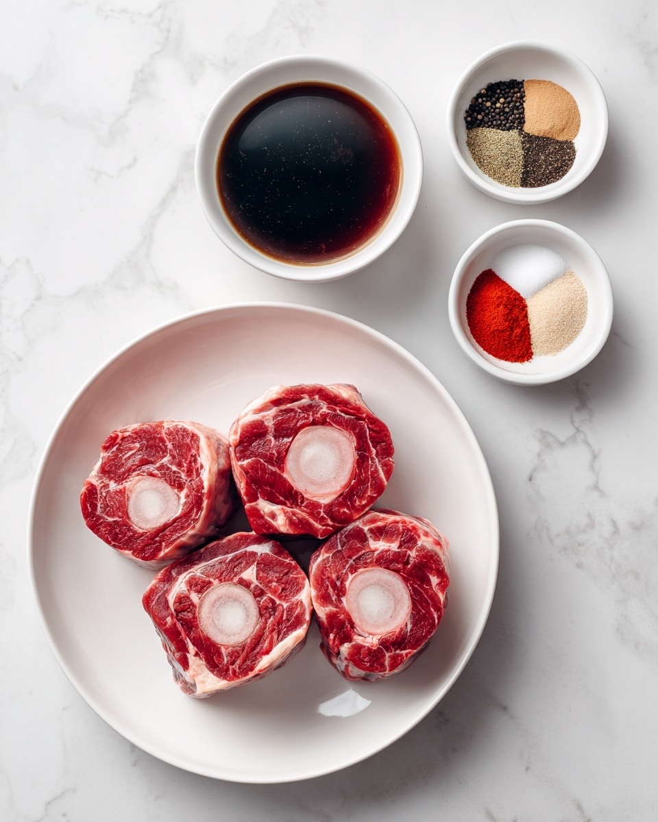 The image shows three white bowls and one white plate on a white marbled surface. The largest white plate at the bottom is filled with five raw beef shank slices, each piece showing red meat marbled with thin white fat and a large round bone in the center. Above this, to the left, is a medium white bowl filled with dark brown beef stock, smooth and reflective. To the right of the beef stock, there is a small white bowl containing five different spices stacked in separate piles, including a light brown, black, bright red, white, and beige powder arranged in a circular pattern. The overall setup is clean and neatly organized, with parts labeled above or below the dishes. Photo taken with an iphone --ar 4:5 --v 7