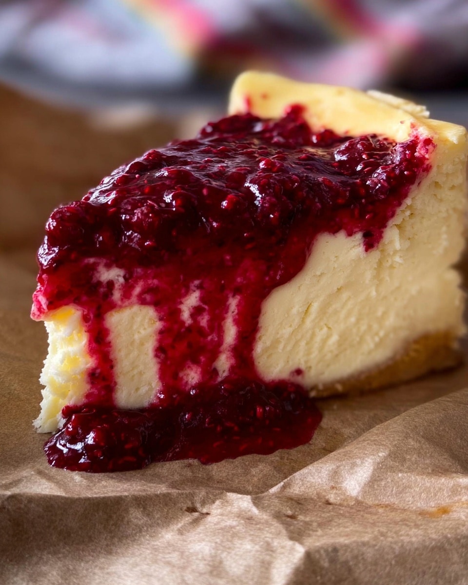 A thick slice of creamy pale yellow cheesecake sits on crinkled brown parchment paper. The cheesecake has a smooth texture with a slight firmness, topped with a thick layer of bright red raspberry sauce that has visible seeds and a slightly chunky texture. The sauce drips down the sides of the cake, leaving streaks of deep red on the pale surface. The background shows a soft blur of colors with a hint of a person wearing a colorful shirt, and the overall setting is warm and inviting. photo taken with an iphone --ar 4:5 --v 7