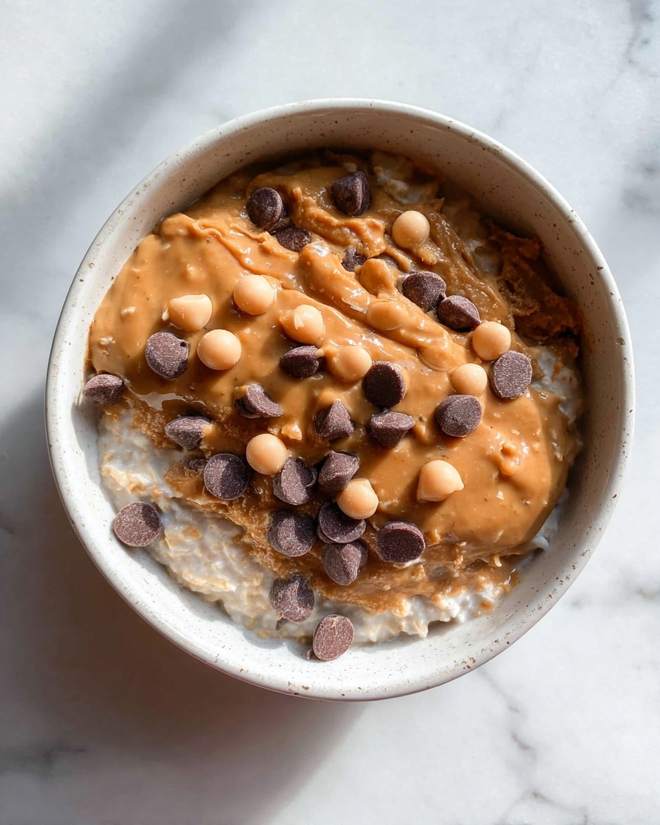 A close-up view shows a spoon filled with creamy oatmeal that is light beige in color, dotted with small dark brown chocolate chips on top. The spoon is held above a white bowl filled with the same oatmeal mixture, also topped with scattered chocolate chips. The oatmeal has a thick, slightly lumpy texture with visible oats. The bowl sits on a surface with a white marbled texture. photo taken with an iphone --ar 4:5 --v 7