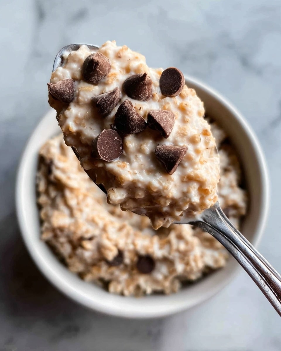 A white bowl filled with three visible layers: the bottom layer is creamy oatmeal with a soft, slightly grainy texture; the middle layer is a smooth, thick light brown peanut butter sauce spread evenly over the oatmeal; the top layer is a mix of small, round light tan peanut butter chips and dark brown chocolate chips scattered across the peanut butter sauce. The bowl sits on a white marbled surface with natural light highlighting the melted and glossy texture of the peanut butter sauce. photo taken with an iphone --ar 4:5 --v 7