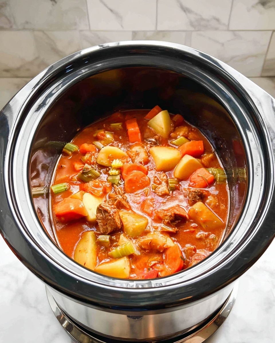 The image shows a black slow cooker filled with a thick stew made of orange-red broth. Inside the stew, there are visible chunks of light brown meat, bright orange carrot slices, pale yellow potato pieces, and green celery strips, all mixed together in the rich sauce. The slow cooker sits on a white marbled surface, with the shiny stainless steel base reflecting light. The photo is taken from a slightly high angle, showing the full contents inside the cooker. photo taken with an iphone --ar 4:5 --v 7