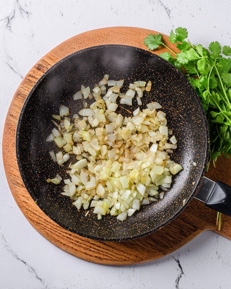 A black pan with brown speckles sits on a round wooden board over a white marbled surface. Inside the pan, there is one layer of small chopped pieces of light yellow and slightly translucent onions, some edges showing light golden brown from cooking. Steam rises gently from the warm onions. To the right of the pan, a small bunch of fresh green cilantro leaves rests on the white marbled surface. Photo taken with an iphone --ar 4:5 --v 7
