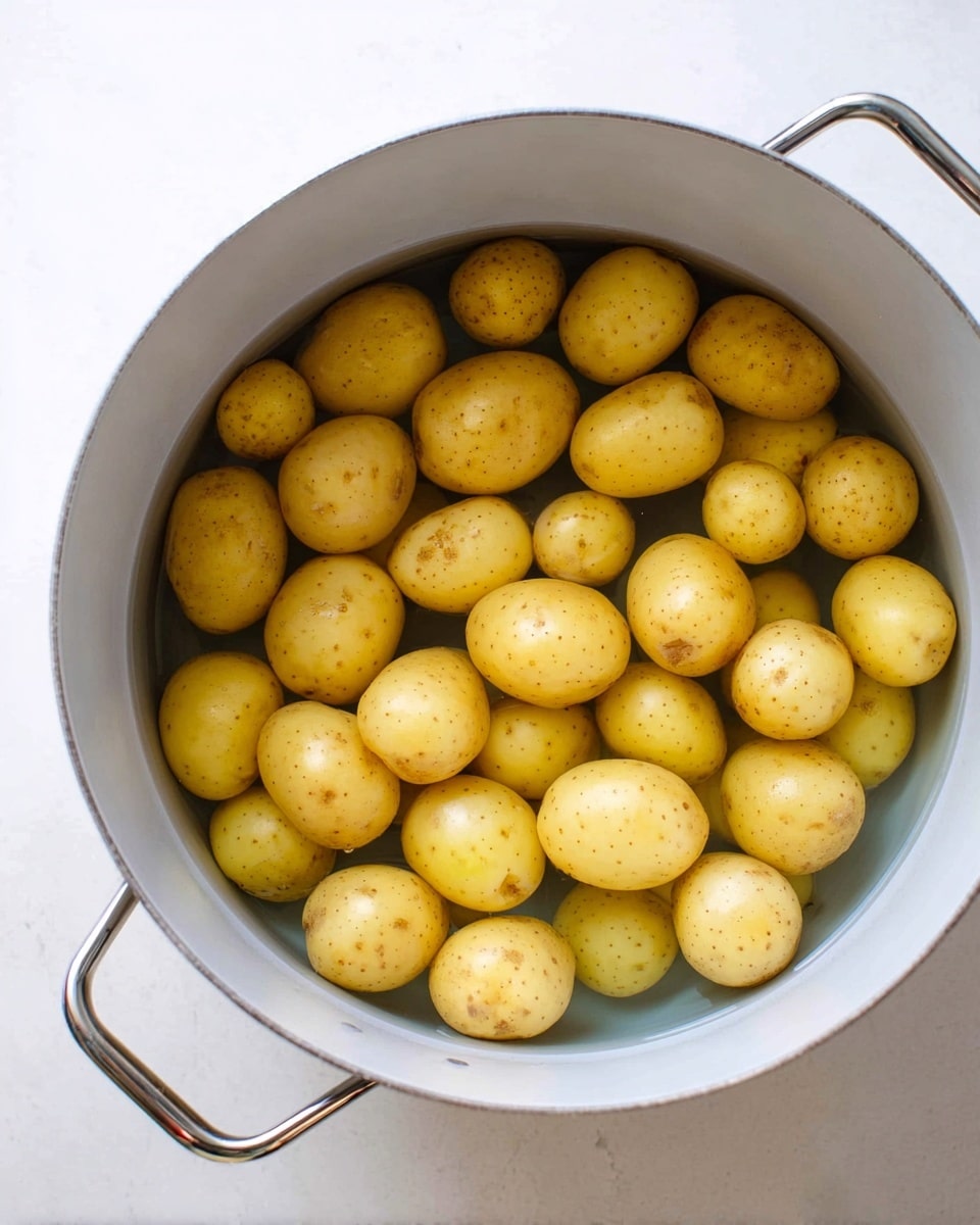 The image shows a white bowl filled with many small, round, light brown new or baby potatoes in the bottom left corner. Above the bowl, there is a small wooden bowl containing salt and black pepper. To the right of the wooden bowl, there is a bunch of fresh green dill with fine feathery leaves. Below the dill, near the bottom right corner, is a small square piece of pale yellow butter resting on a white surface. All items are placed on a white marbled texture. The labels 'Salt and Pepper', 'Fresh Dill', 'Butter', and 'New or Baby Potatoes' are written next to each ingredient. photo taken with an iphone --ar 4:5 --v 7