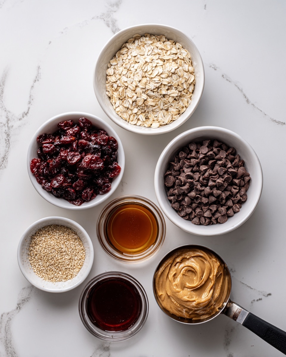 The image shows six containers with different ingredients placed on a white marbled surface. At the top left, there is a white bowl filled with light beige oats, its texture rough and flaky. To the right of it, another white bowl holds dark brown vegan chocolate chips, small and round. Below the oats, a white bowl contains dark red dried cranberries, wrinkled and glossy. Between these bowls, there is a small white bowl with finely ground flax, light brown in color and powdery. At the bottom center, a small glass jar holds dark amber maple syrup, smooth and shiny. To the right, a small saucepan with a black handle contains creamy peanut butter, light brown with a smooth, thick texture. Photo taken with an iphone --ar 4:5 --v 7