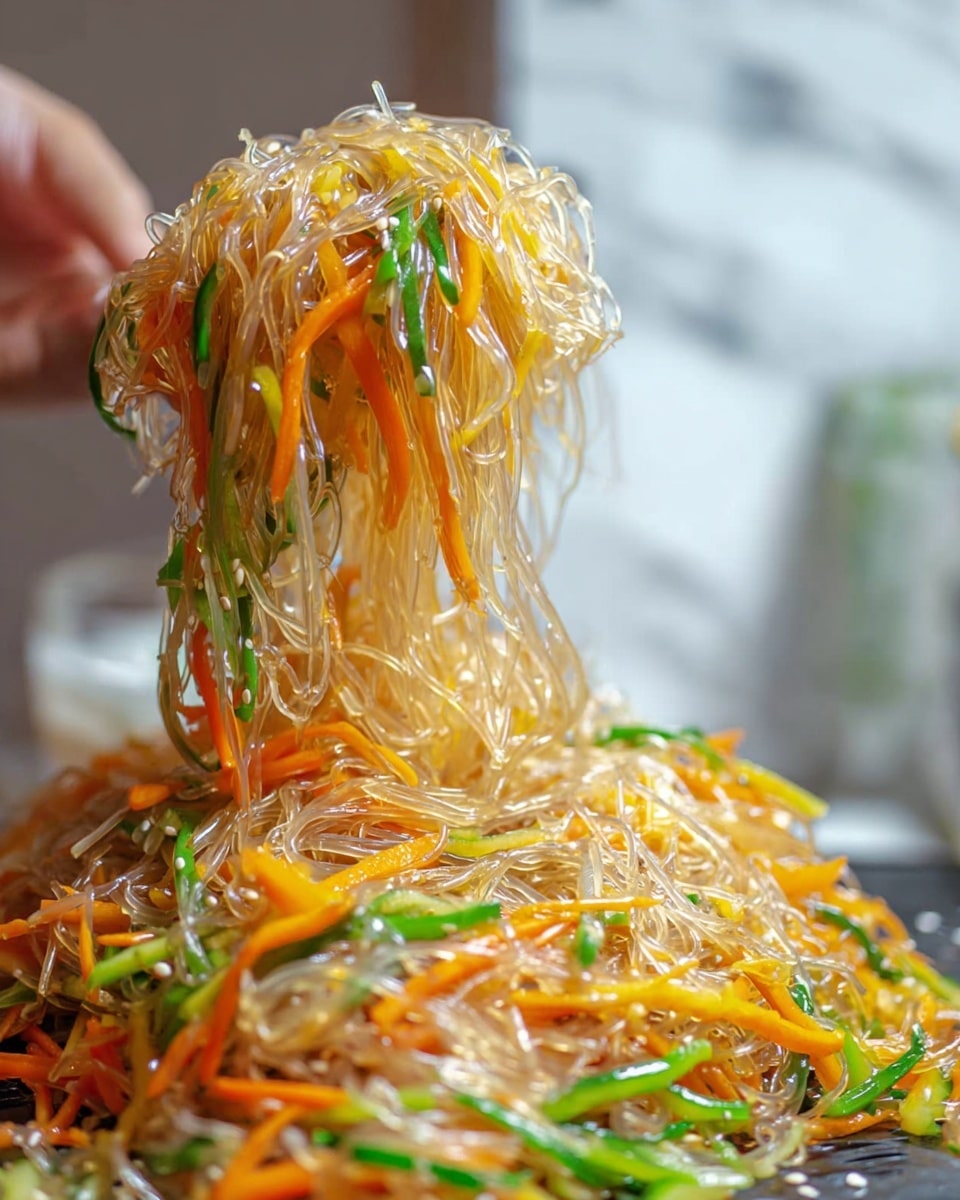 The dish shows two main layers: the bottom layer is a pile of transparent, glossy noodles with a light brown tint and smooth texture, mixed with thin strips of bright green and orange vegetables. The top layer is a loose bundle of the same noodles and vegetables, being lifted by a woman's hand. The noodles are shiny and wet, with the orange carrots and green vegetables standing out brightly. The background is blurred, showing a soft white marbled surface. photo taken with an iphone --ar 4:5 --v 7