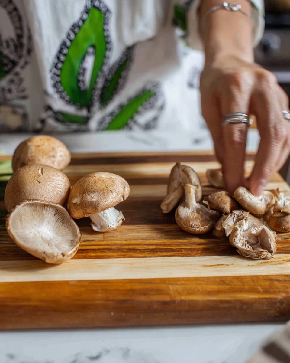 The image shows a close-up of a wooden cutting board with light and dark brown stripes. On the left side, there are four mushrooms with light brown caps and pale stems standing upright and lying flat. On the right side, a woman's hand with a silver ring is picking up more light brown mushrooms that are lying in a small pile. The background shows part of a person wearing a white shirt with green and black patterns, all set on a white marbled surface. Photo taken with an iphone --ar 4:5 --v 7