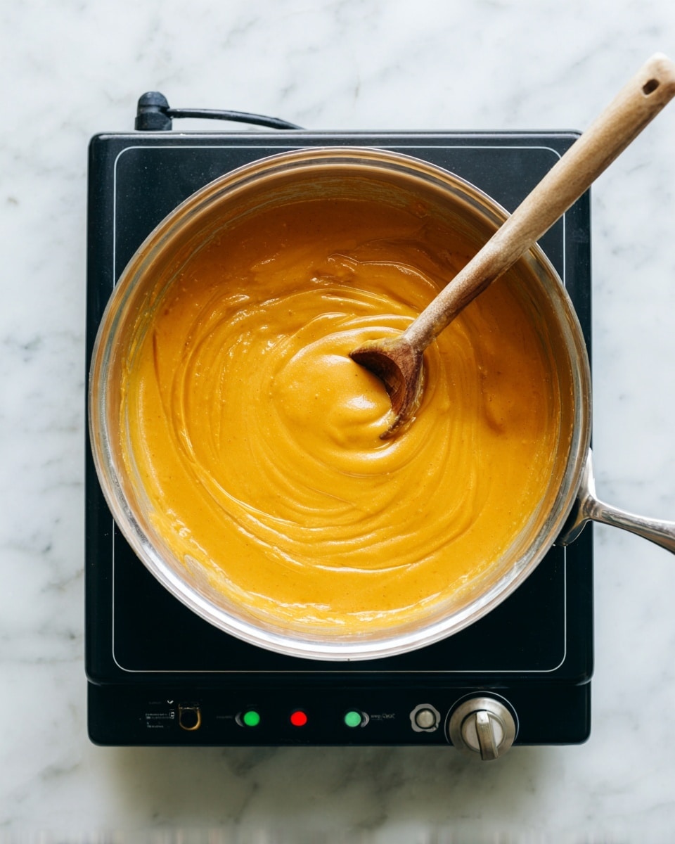 A shiny silver pan sits on a black electric stove placed on a white marbled surface. Inside the pan, there is a thick, creamy orange sauce with a smooth texture. A wooden spoon with a worn handle stirs the sauce, showing soft swirls and a glossy finish. The stove has a few colored lights and a black knob on the front side. Steam gently rises from the hot sauce photo taken with an iphone --ar 4:5 --v 7