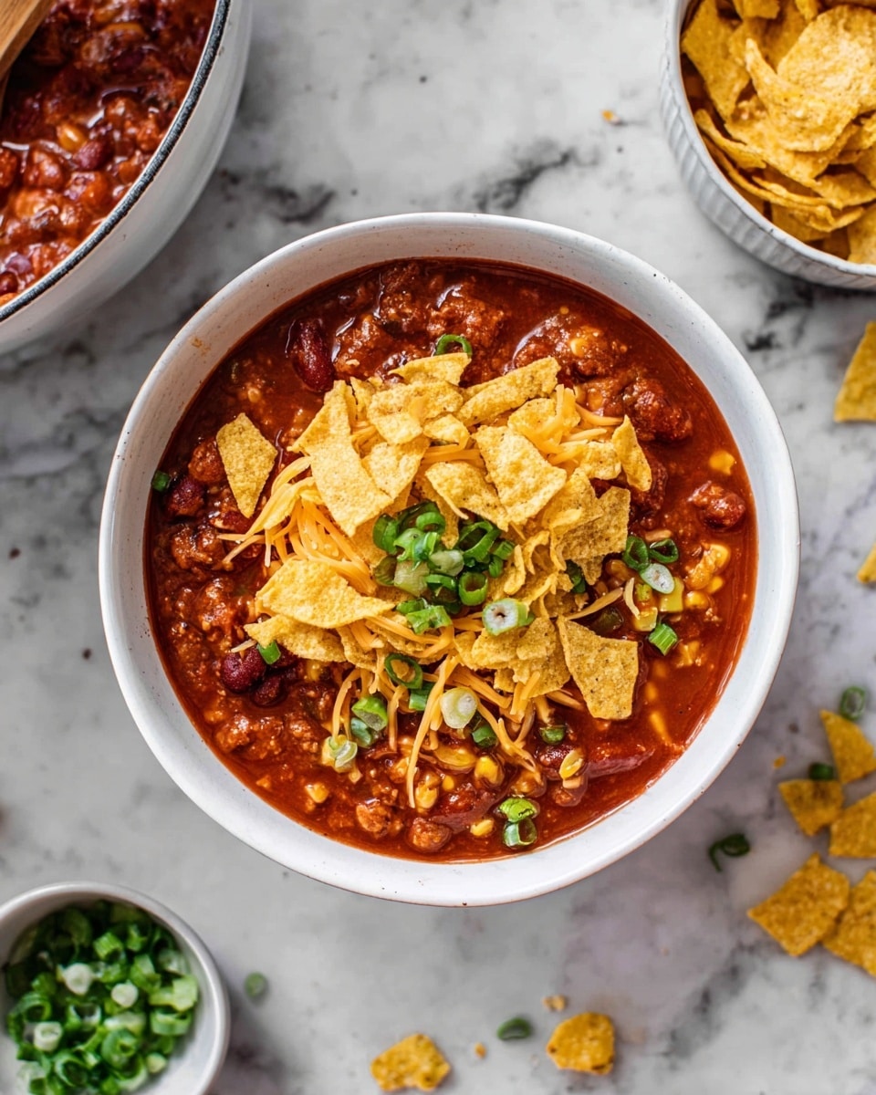 A white bowl filled with three main layers: the bottom layer is thick red chili with visible chunks of beans and meat; the middle layer is shredded orange cheese scattered over the chili; the top layer is crumbled light yellow corn chips arranged in the center, garnished with small green chopped spring onions. The bowl sits on a white marbled surface. Around it, there are loose corn chips and chopped green onions scattered. In the background, there is a white bowl with more corn chips and a white pot with the same chili, showing some red sauce texture and a wooden spoon. Photo taken with an iphone --ar 4:5 --v 7