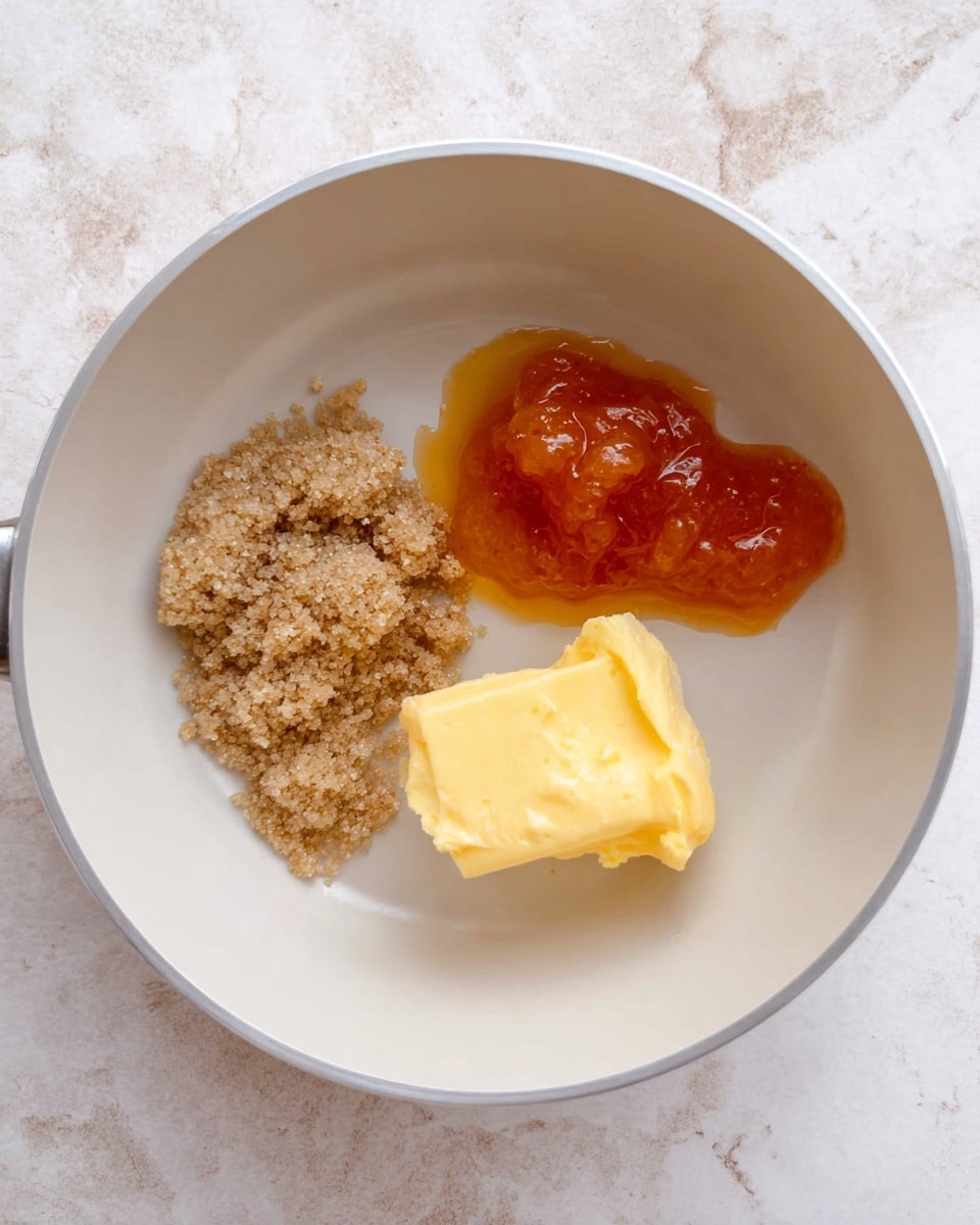 Inside a white pan on a white marbled surface, there are three main items placed separately: a small pile of light brown sugar with a soft, grainy texture in the bottom left; a bright yellow chunk of butter with a smooth surface slightly touched by some brown sugar on the right; and two uneven scoops of amber-colored jam with a glossy, thick texture positioned above the sugar and butter. The pan and the items inside are viewed from above, showing a clean and simple arrangement. Photo taken with an iphone --ar 4:5 --v 7