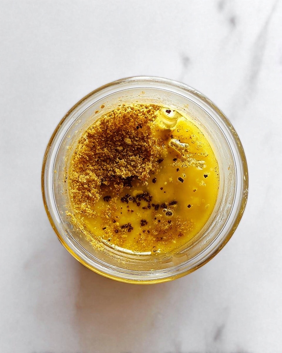 A top view of a clear blender container with a single layer of golden yellow liquid mixed with light brown granules and small dark specks spread unevenly on the surface, set on a white marbled texture background photo taken with an iphone --ar 4:5 --v 7