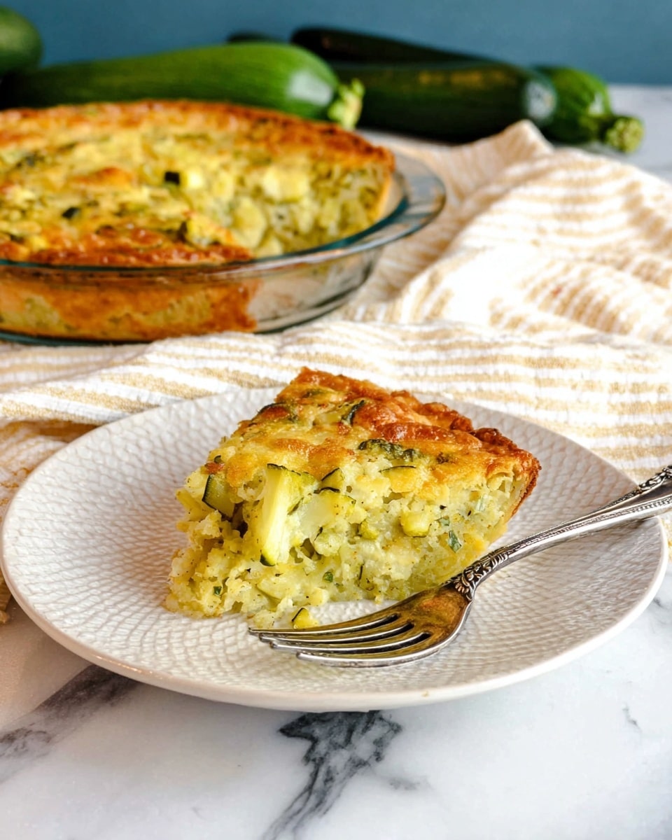 A slice of yellow and green vegetable pie sits on a white plate with a textured pattern, showing a moist and slightly fluffy texture with visible green vegetable bits spread throughout. The pie slice has a golden brown top with patches of green herbs or vegetables. Beside the pie, a silver fork with an ornate handle rests on the plate. In the background, a round glass pie dish holds the rest of the pie, showing the same golden crust and vegetable mix inside. The setup is on a white marbled surface with a striped white and tan cloth nearby, and some green zucchinis are out of focus in the top left. photo taken with an iphone --ar 4:5 --v 7