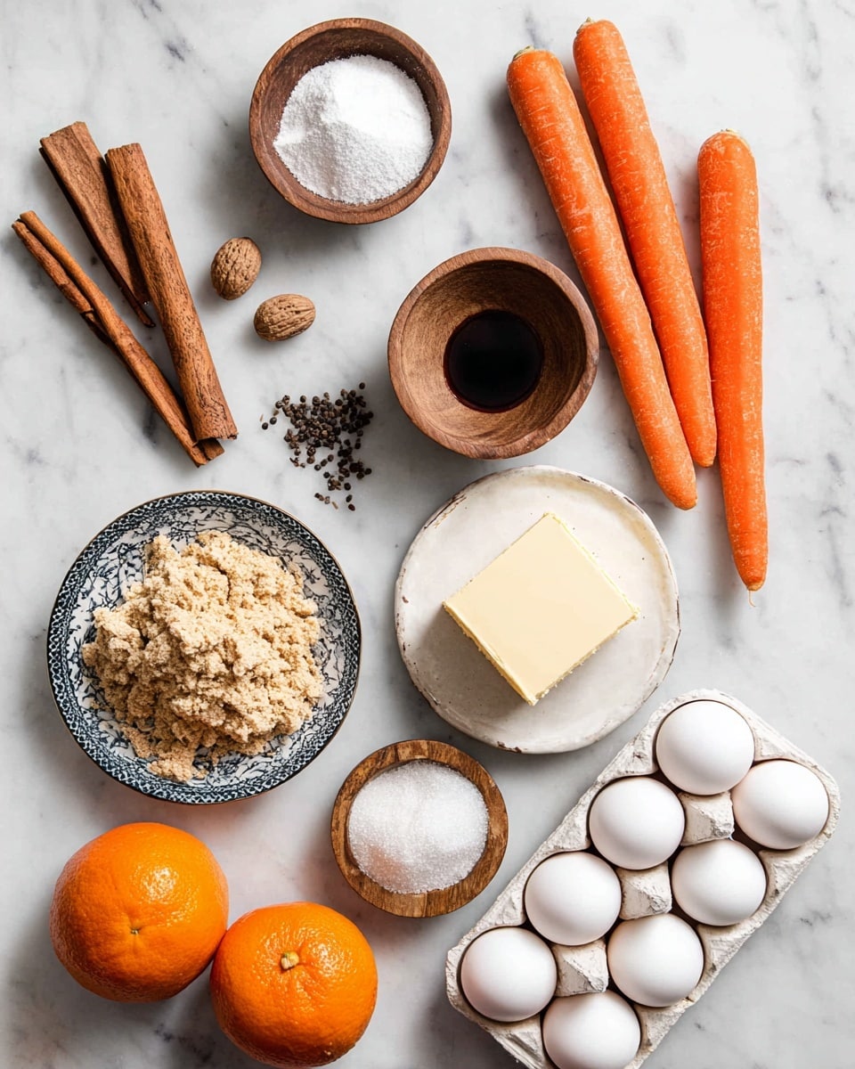 The image shows a white marbled surface with various baking ingredients arranged neatly. From the top left, three cinnamon sticks lie diagonally, followed by two small dark seeds and a few nutmegs scattered around. There is a small wooden bowl filled with white powder, next to another wooden bowl with coarse salt. Above those, a bunch of fresh orange carrots is placed. To the right, a small wooden bowl holds a dark liquid. A white plate holds a pile of light brown crumbly sugar, and below that is a patterned bowl with a square block of pale butter. At the bottom right, a white egg tray contains six white eggs, and at the bottom left, a large orange fruit and more fresh carrots rest on the surface. The photo is taken with an iphone --ar 4:5 --v 7